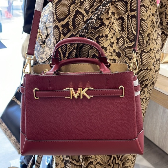 Michael Kors Reed Small Dark Cherry Leather Center Zip Belted Satchel Bag Purse - Picture 7 of 16